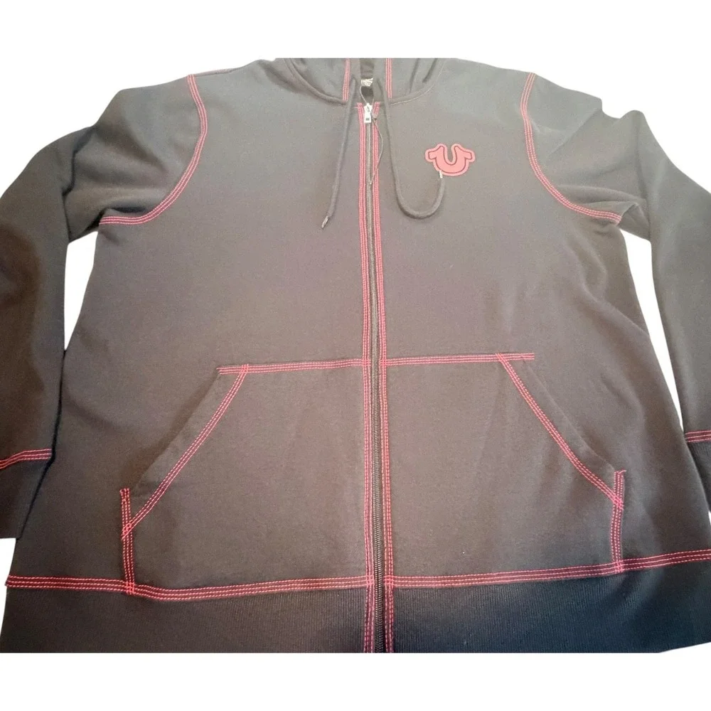 True Religion Full Zip Hoodie Mens XXL 2X Black Red Stitching Buddha Logo Y2K